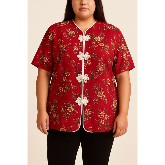 Jessica Howard Woman Red Floral Linen Blend Short Sleeve Jacket Size 22 - Picture 6 of 6